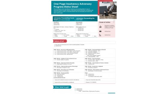 One Page Insolvency Adversary Progress Status Sheet PDF Document PPT Template