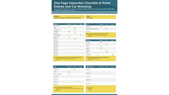 One Page Inspection Checklist Of Home Exterior And Car Workshop PDF Document PPT Template