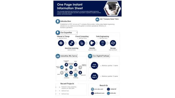 One Page Instant Information Sheet PDF Document PPT Template