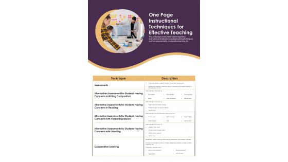 One Page Instructional Techniques For Effective Teaching PDF Document PPT Template