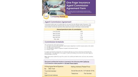 One Page Insurance Agent Commission Agreement Form PDF Document PPT Template