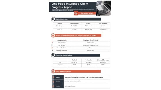 One Page Insurance Claim Progress Report PDF Document PPT Template