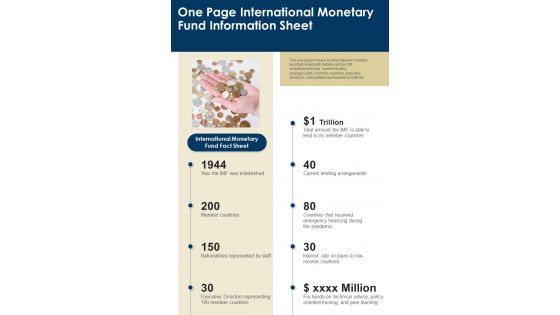 One Page International Monetary Fund Information Sheet PDF Document PPT Template