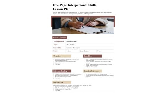 One Page Interpersonal Skills Lesson Plan PDF Document PPT Template