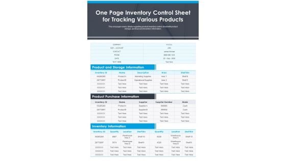 One Page Inventory Control Sheet For Tracking Various Products PDF Document PPT Template One Page Inventory Control Sheet For Tracking Various Products PDF Document PPT Template