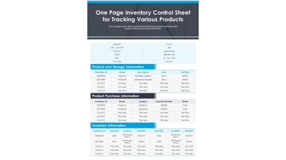 One Page Inventory Control Sheet For Tracking Various Products PDF Document PPT Template