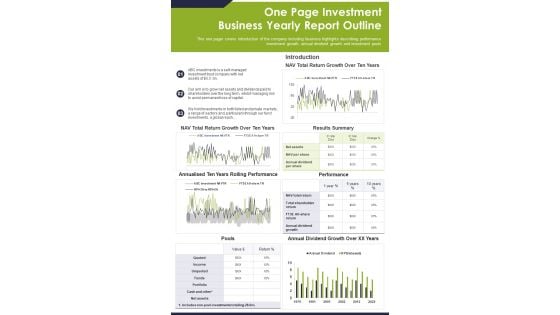 One Page Investment Business Yearly Report Outline PDF Document PPT Template