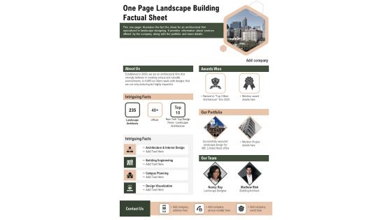 One Page Landscape Building Factual Sheet PDF Document PPT Template