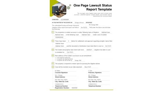 One Page Lawsuit Status Report Template PDF Document PPT Template