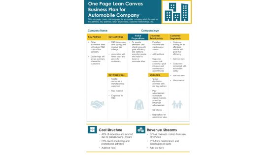 One Page Lean Canvas Business Plan For Automobile Company PDF Document PPT Template One Page Lean Canvas Business Plan For Automobile Company PDF Document PPT Template