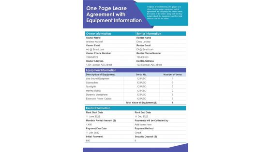 One Page Lease Agreement With Equipment Information PDF Document PPT Template