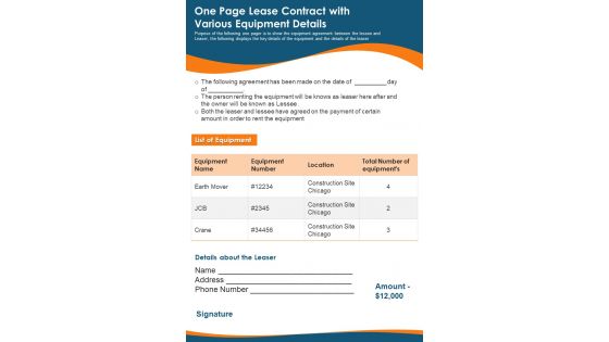 One Page Lease Contract With Various Equipment Details PDF Document PPT Template
