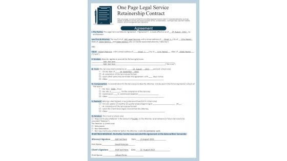 One Page Legal Service Retainership Contract PDF Document PPT Template One Page Legal Service Retainership Contract PDF Document PPT Template