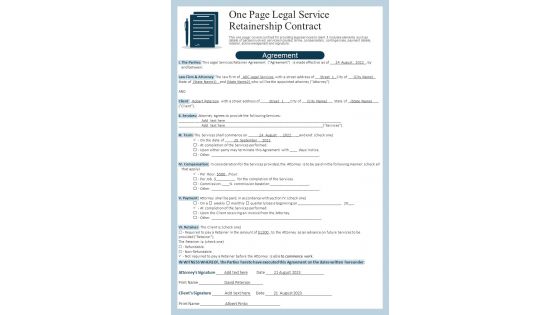 One Page Legal Service Retainership Contract PDF Document PPT Template