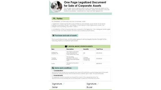 One Page Legalized Document For Sale Of Corporate Assets PDF Document PPT Template