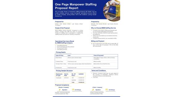 One Page Manpower Staffing Proposal Report PDF Document PPT Template