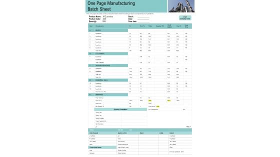 One Page Manufacturing Batch Sheet PDF Document PPT Template