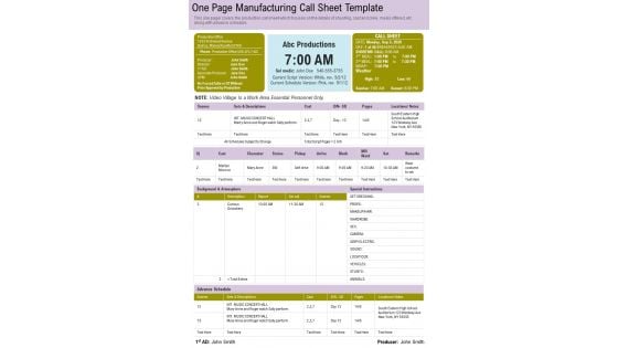 One Page Manufacturing Call Sheet Template PDF Document PPT Template