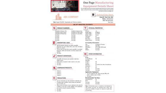 One Page Manufacturing Equipment Details Sheet PDF Document PPT Template One Page Manufacturing Equipment Details Sheet PDF Document PPT Template