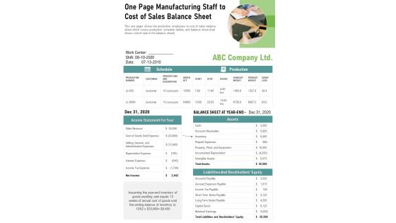 One Page Manufacturing Staff To Cost Of Sales Balance Sheet PDF Document PPT Template