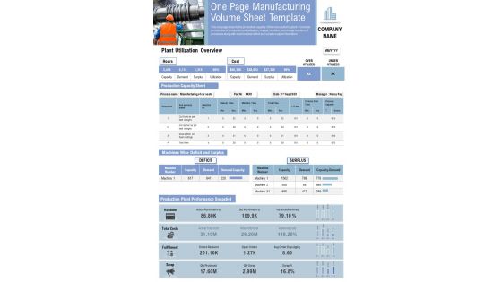 One Page Manufacturing Volume Sheet Template PDF Document PPT Template