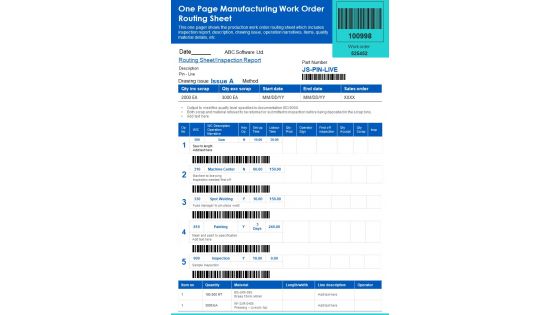 One Page Manufacturing Work Order Routing Sheet PDF Document PPT Template One Page Manufacturing Work Order Routing Sheet PDF Document PPT Template