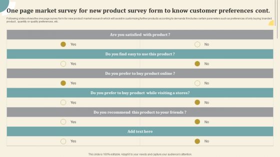One Page Market Survey For New Product Survey Form To Know Customer Preferences Cont Survey SS