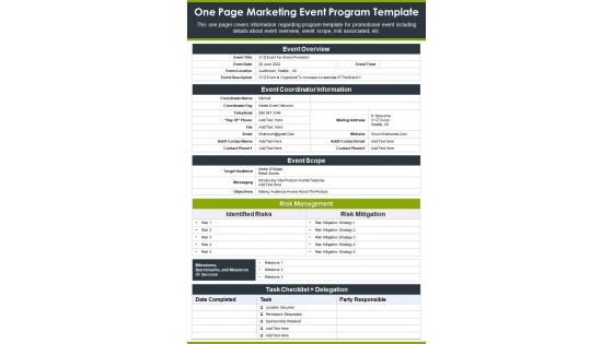 One Page Marketing Event Program Template PDF Document PPT Template