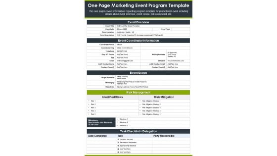 One Page Marketing Event Program Template PDF Document PPT Template One Page Marketing Event Program Template PDF Document PPT Template