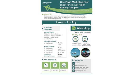 One Page Marketing Fact Sheet For 3 Level Flight Training Samples PDF Document PPT Template