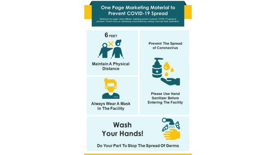 One Page Marketing Material To Prevent COVID 19 Spread PDF Document PPT Template