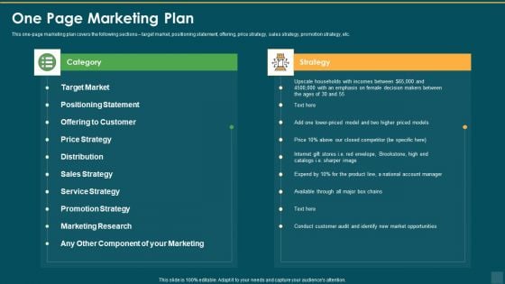 One Page Marketing Plan Sales Ppt Model Design Templates PDF