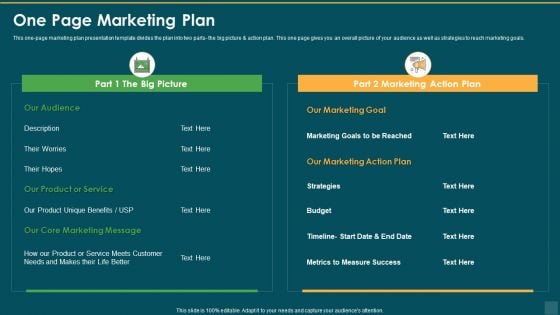 One Page Marketing Plan Service Ppt Slides Graphics PDF