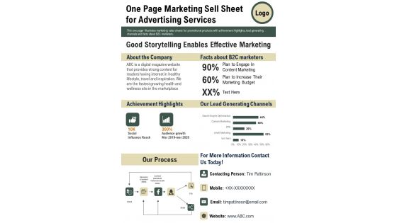 One Page Marketing Sell Sheet For Advertising Services PDF Document PPT Template One Page Marketing Sell Sheet For Advertising Services PDF Document PPT Template