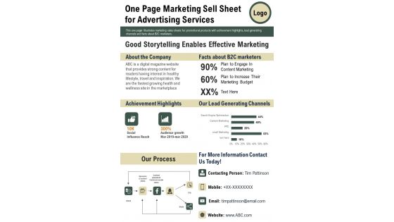 One Page Marketing Sell Sheet For Advertising Services PDF Document PPT Template