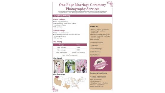 One Page Marriage Ceremony Photography Services PDF Document PPT Template