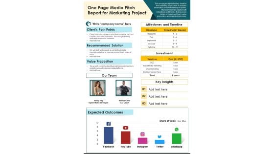 One Page Media Pitch Report For Marketing Project PDF Document PPT Template