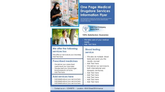 One Page Medical Drugstore Services Information Flyer PDF Document PPT Template