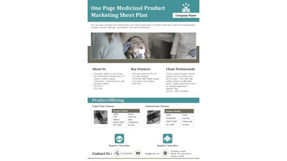 One Page Medicinal Product Marketing Sheet Plan PDF Document PPT Template