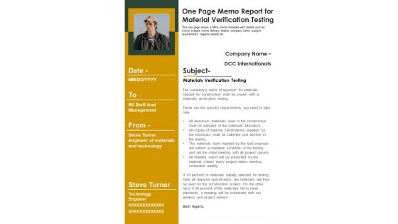 One Page Memo Report For Material Verification Testing PDF Document PPT Template