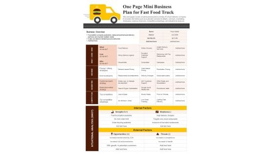 One Page Mini Business Plan For Fast Food Truck PDF Document PPT Template