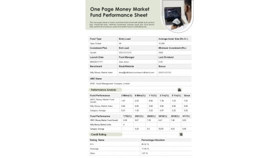 One Page Money Market Fund Performance Sheet PDF Document PPT Template