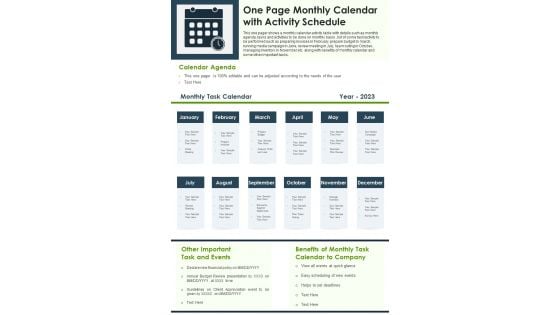 One Page Monthly Calendar With Activity Schedule PDF Document PPT Template