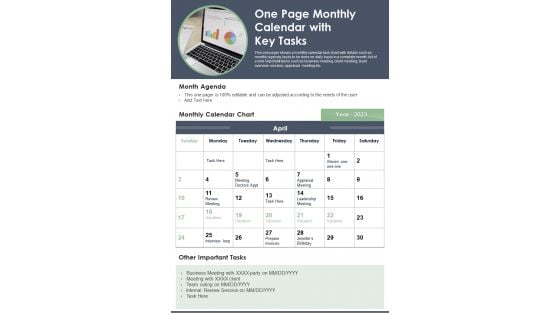 One Page Monthly Calendar With Key Tasks PDF Document PPT Template