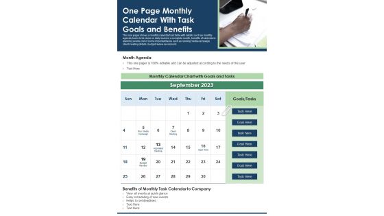 One Page Monthly Calendar With Task Goals And Benefits PDF Document PPT Template