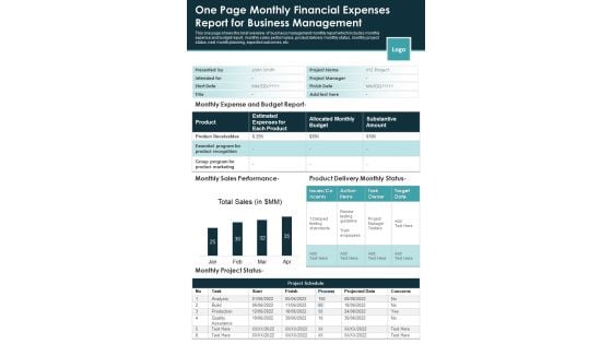 One Page Monthly Financial Expenses Report For Business Management PDF Document PPT Template