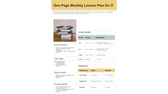 One Page Monthly Lesson Plan For IT PDF Document PPT Template