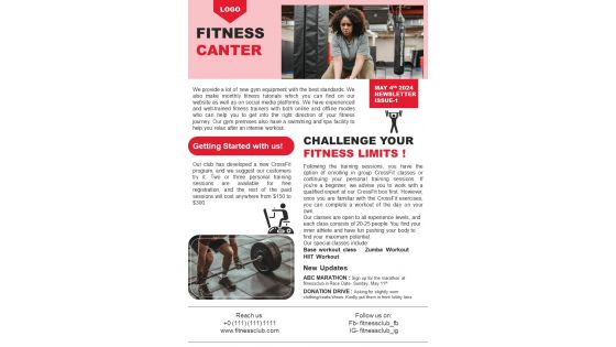 One Page Monthly Newsletter For Fitness Center PDF Document PPT Template