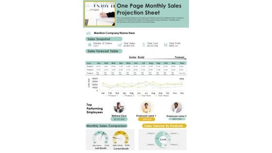 One Page Monthly Sales Projection Sheet PDF Document PPT Template