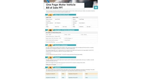 One Page Motor Vehicle Bill Of Sale PPT PDF Document PPT Template